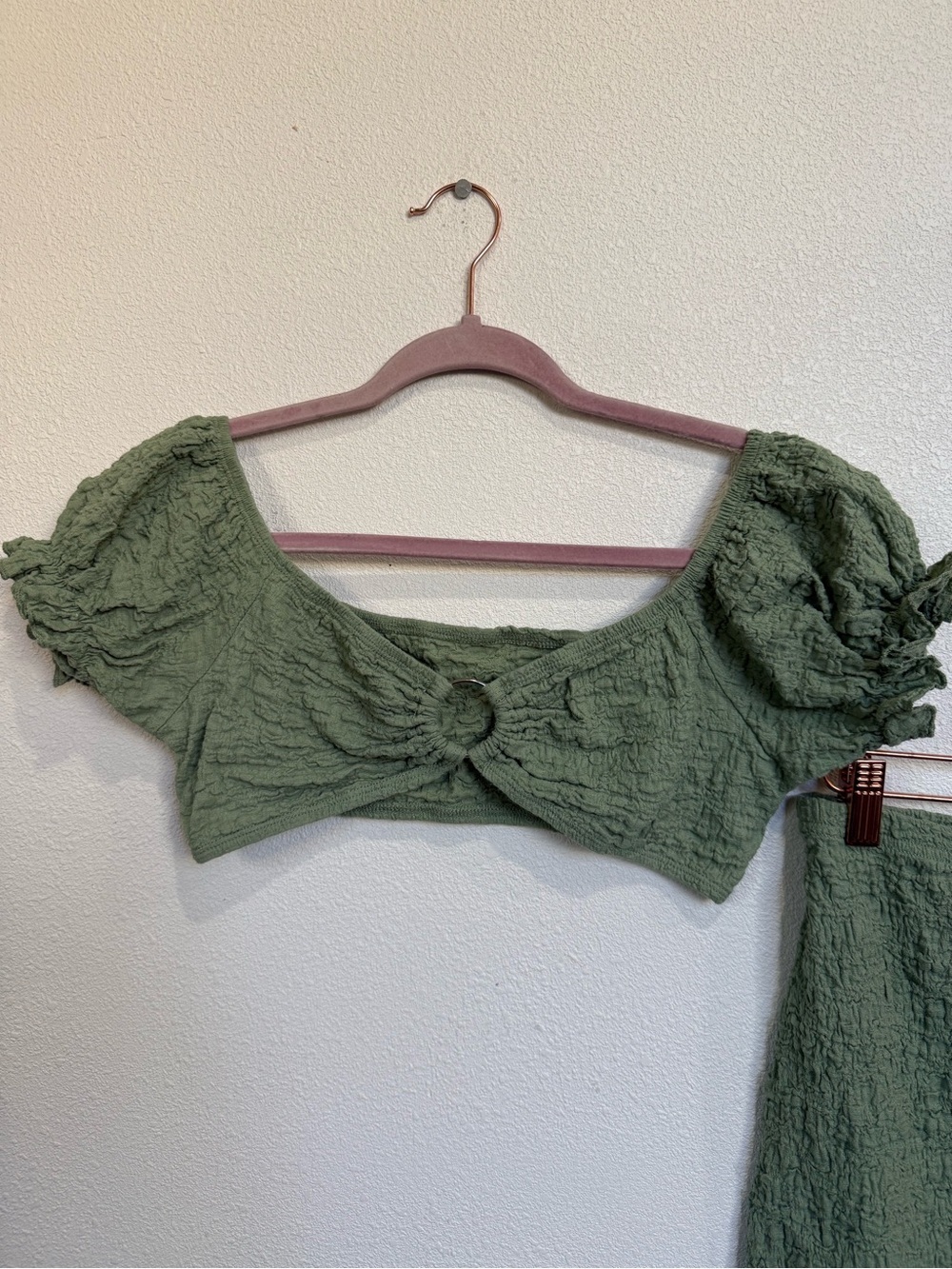 Sage Green Textured Two Piece Beach Set Wrap Skirt Puff Sleeve Top - Picture 3 of 11